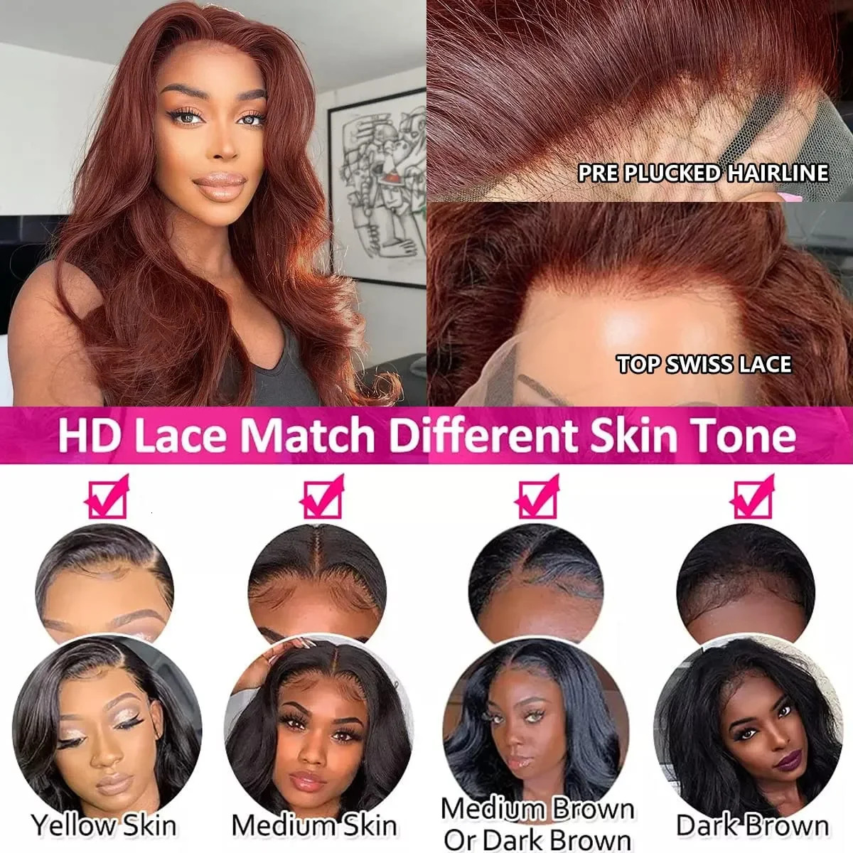 Reddish Brown Color Body Wave 13X4 Front Human Hair Wig 200 Density 13X6 Hd Lace Frontal Wigs Brazilian Pre Plucked