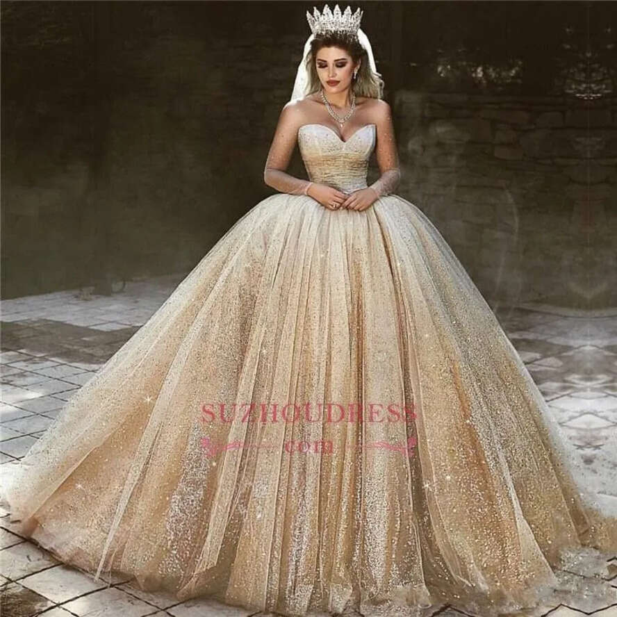 Gorgeous Gold Ball 2020 Gown Wedding Dresses Sheer Long Sleeves Sequins Sweep Train Arabic Quinceanera Pageant Gowns Bc0953 s