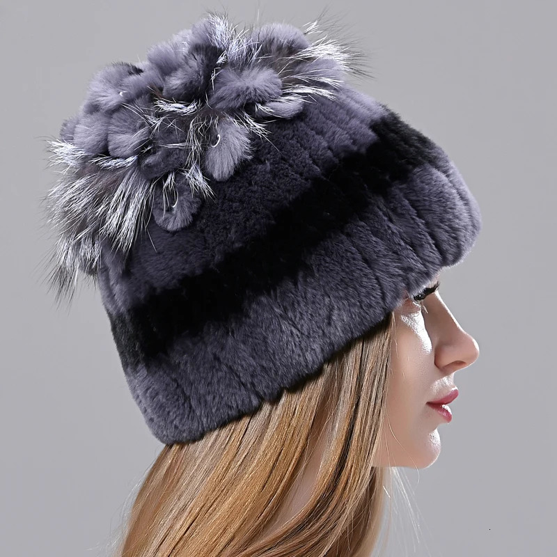 Russian Winter Real Fur Hat Natural Rex Rabbit Fur Warm Cap Ladies Knitted 100% Geunine Fur Hats 241009