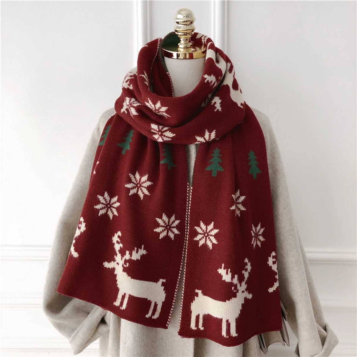 New Red Deer Knitted Scarf Christmas Warm Shawl Suitable for Ten Thousand Section Long Packaging Fashion Womens Cape Town Knitted Cotton Collar X24101