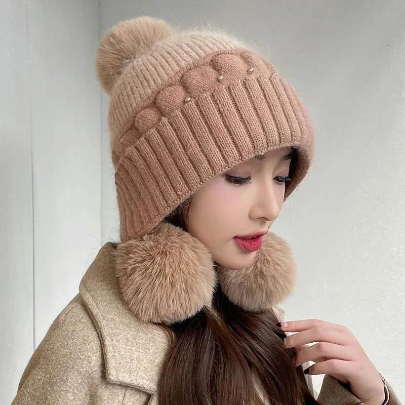 Cute Hairball Hat Women Winter Fleece Warm Knit Cap Windproof Rabbit Hair Student Pullover Woolen Hat Outdoor M572 241009