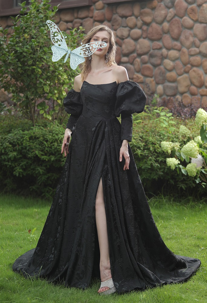 Elegant Black Prom Dress Bishop Sleeves High Slit A-line Puffy Sleeves Evening Party Dresses Sweetheart Photography Gown Vestido Gala Mujer