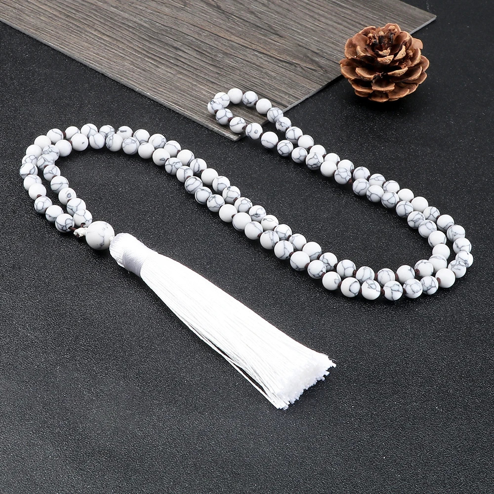 108Mala Natural Peacock Stone Bead Necklace for Men Blue Turquoise Black Agate Prayer Tassel Necklace Meditation Yoga Jewelry 241017