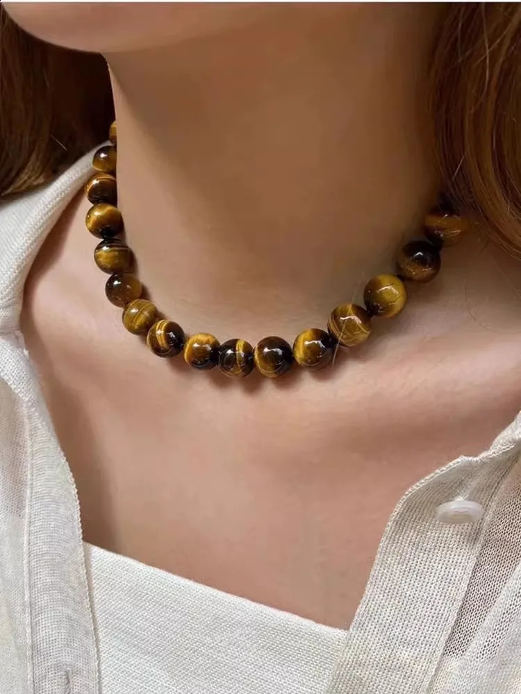 10mm Natural Tiger Eye Stone Bead Necklace Mens Fashion Round Bead Necklace Womens n Accessories 241017