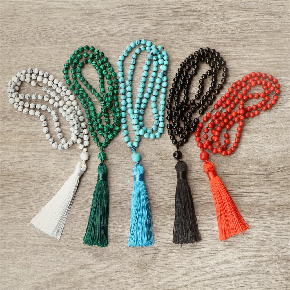 16 fashionable Mala natural tiger eye stone necklaces for men 6mm 108 bead necklace with tassel pendant Buddhist fashion jewelry gift 241017