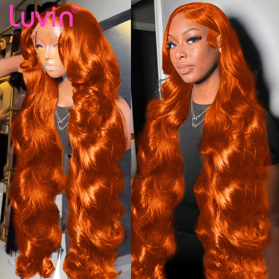 Luvin 250% 30 32 Inches Body Wave Ginger Orange 13X6 Transparent Front Human Wigs 13X4 Lace Frontal Remy Hair Wig