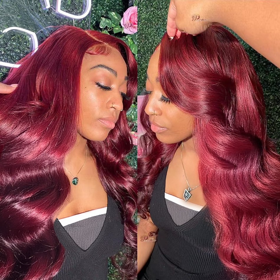 99J Bury 13X6 200 Density Frontal Wigs Human Hair Body Wave 30 32Inch 13X4 Lace Front Wig HD Transparent Wine Brazilian