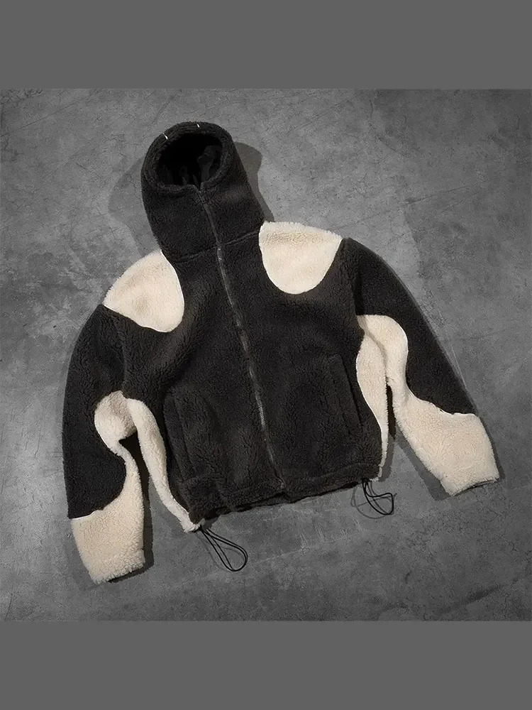 Fashion Thicken Warm Fleece Hoodie Jacket Mens Contrast Teddy Velvet Coat Male Autumn Street Zipper Hooded Turtleneck Outwear 241017