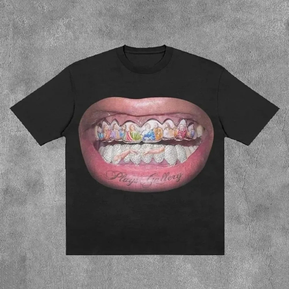 T Shirt Y2K Hip Hop Teeth Letter Graphic Print Oversized TShirt Mens Womens Harajuku Gothic Round Neck Cotton Short Sleeve Tops 241017