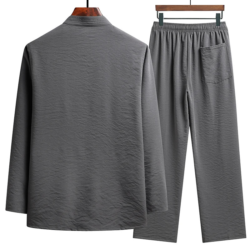 Chinese Traditional Clothing Set Man Fall Linen Buckle Kung Fu Shirt Oriental Retro Top Pants Tai Chi Breathable Uniforms Hanfu 241017