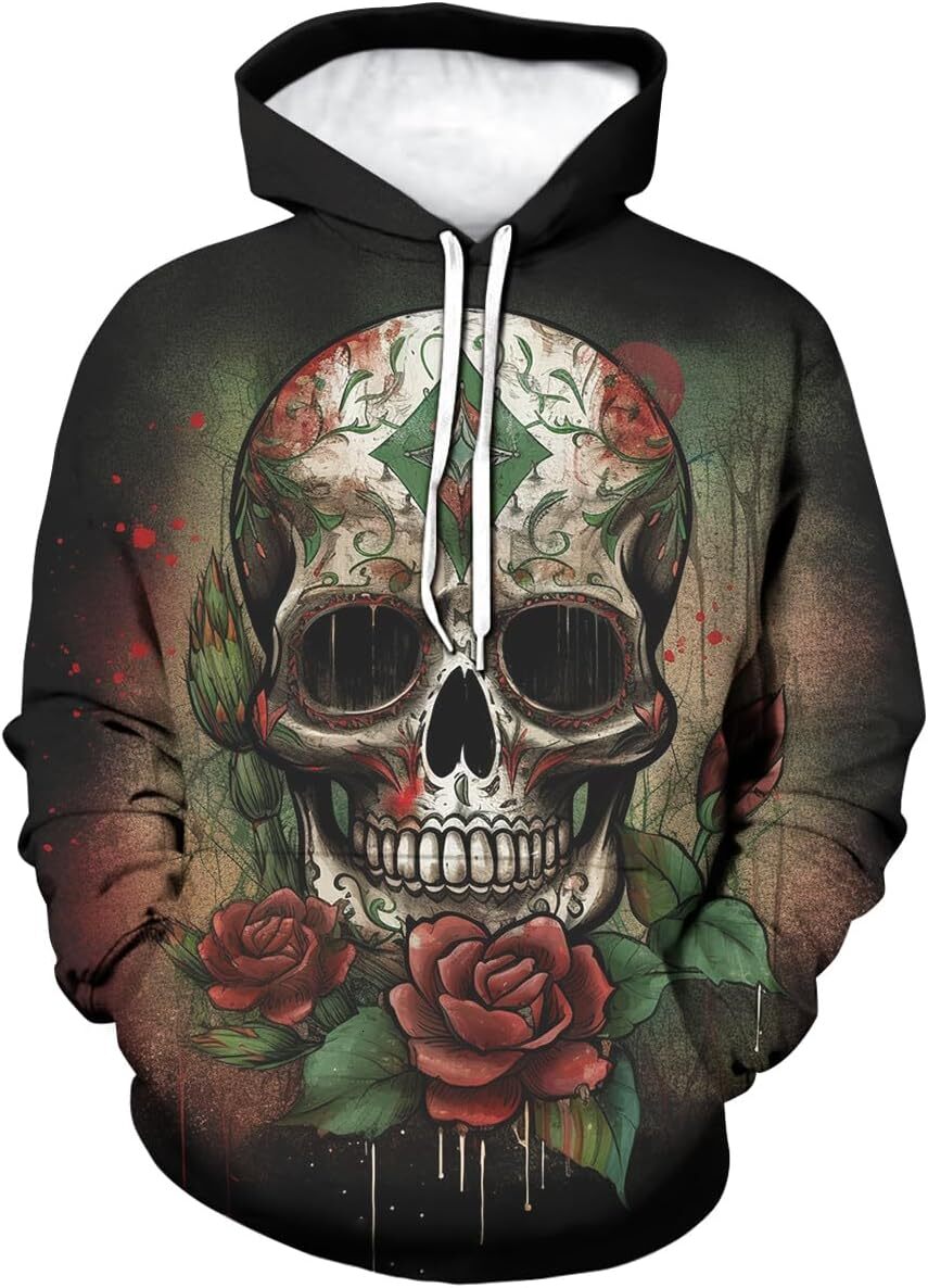 Hoodie for Mens Womens Gothic Colorful Skull Hoodies Rose Skeleton Dark Pattern Hooded Sweatshirts Pullover Graphic Hoodies sweatshirt Fashionable and