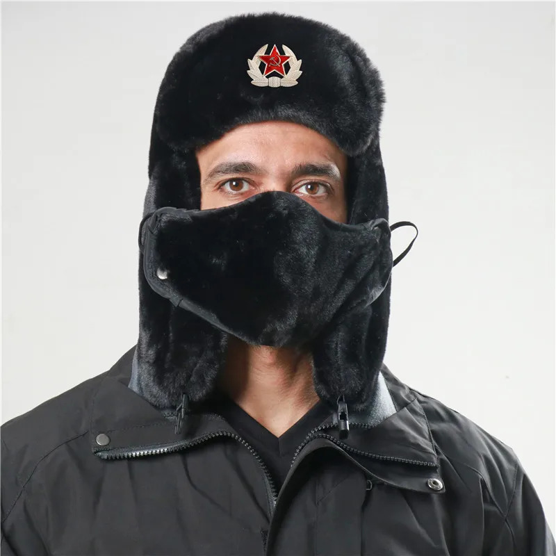 CAMOLAND Soviet Army Military Badge Bomber Hat Men Women Russia Ushanka Hats Faux Rabbit Fur Earflap Snow Caps Trapper 241016 - view 4