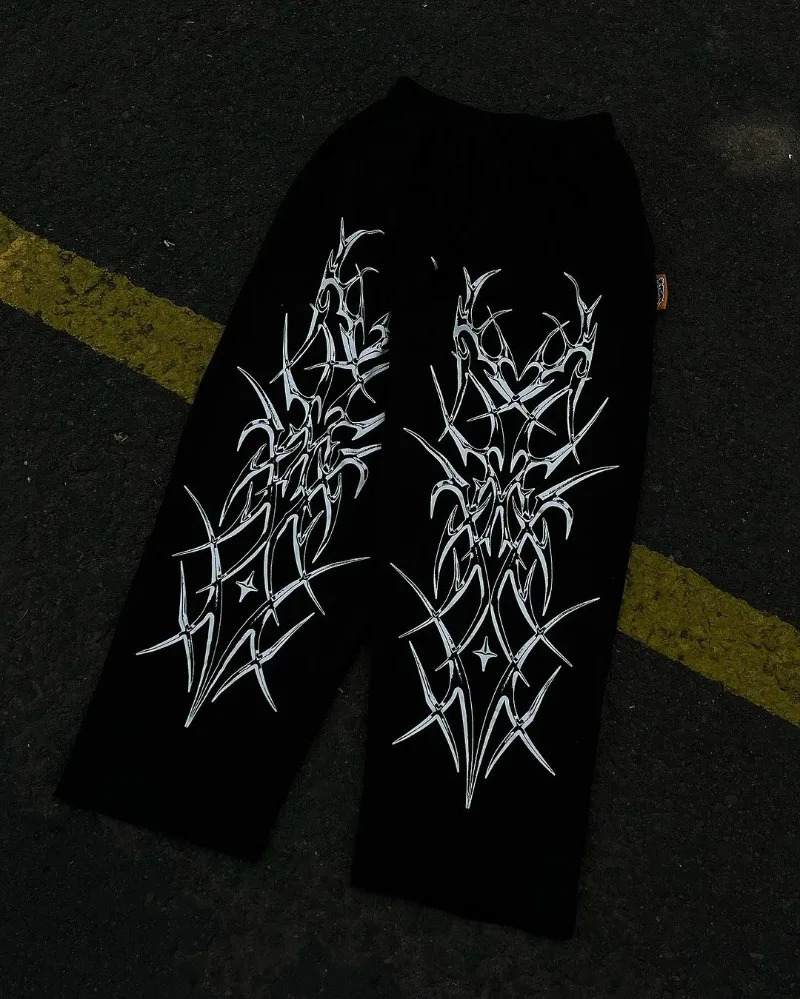 American High Street Trendy Loose Floor Mopping Trousers Men Y2k Gothic Punk Dark Style Printed Oversized Trousers Women 241017