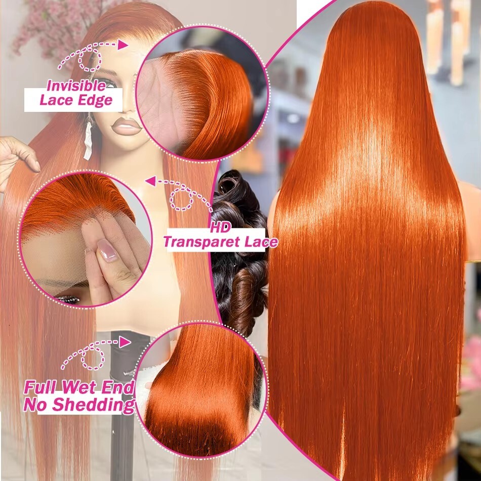 Luvin 30 32 Inches Straight Ginger Orange Human Hair Wig Lace Front 13X4 13X6 HD Frontal Colored Wigs Preplucked For Women