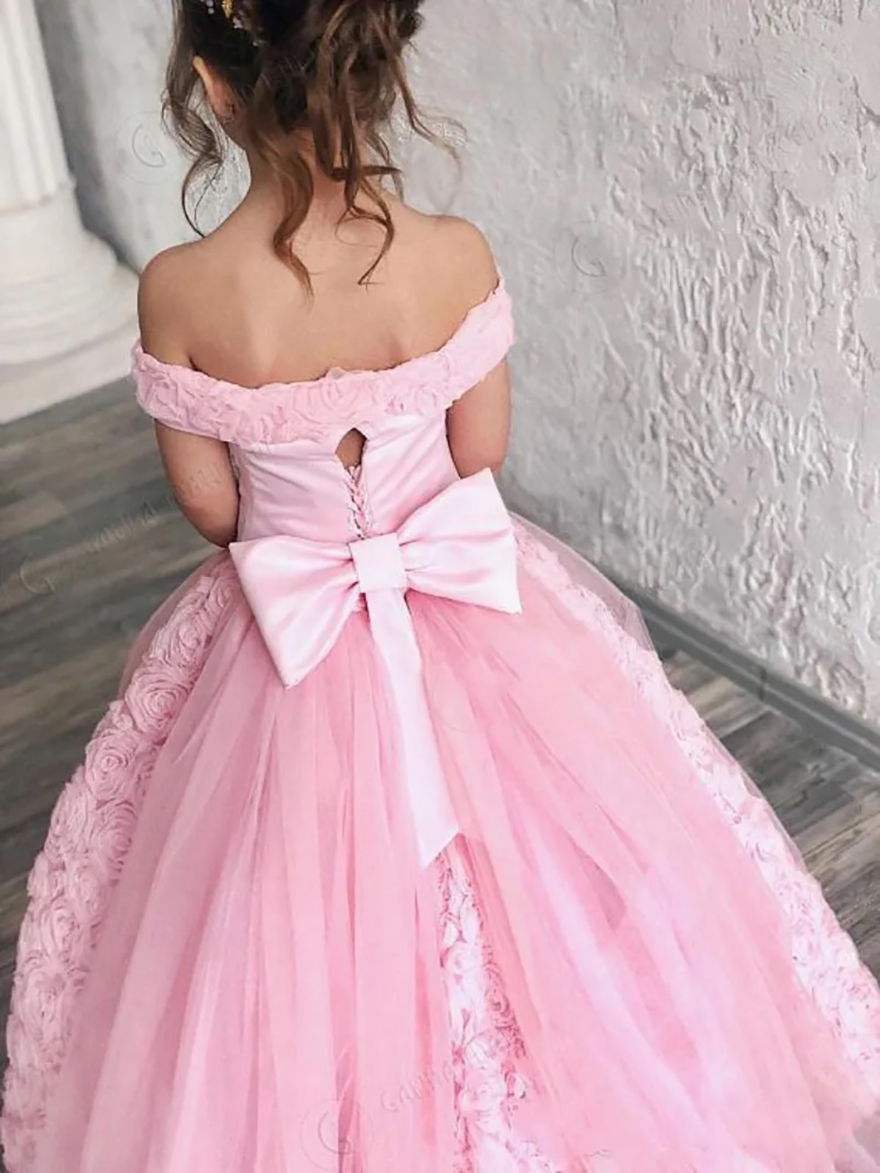 Pink Off Shoulder Flower Girl Dresses for Wedding Lace Floral Applique Girls Pageant Dress with Bow Kids Birthday Prom Dress