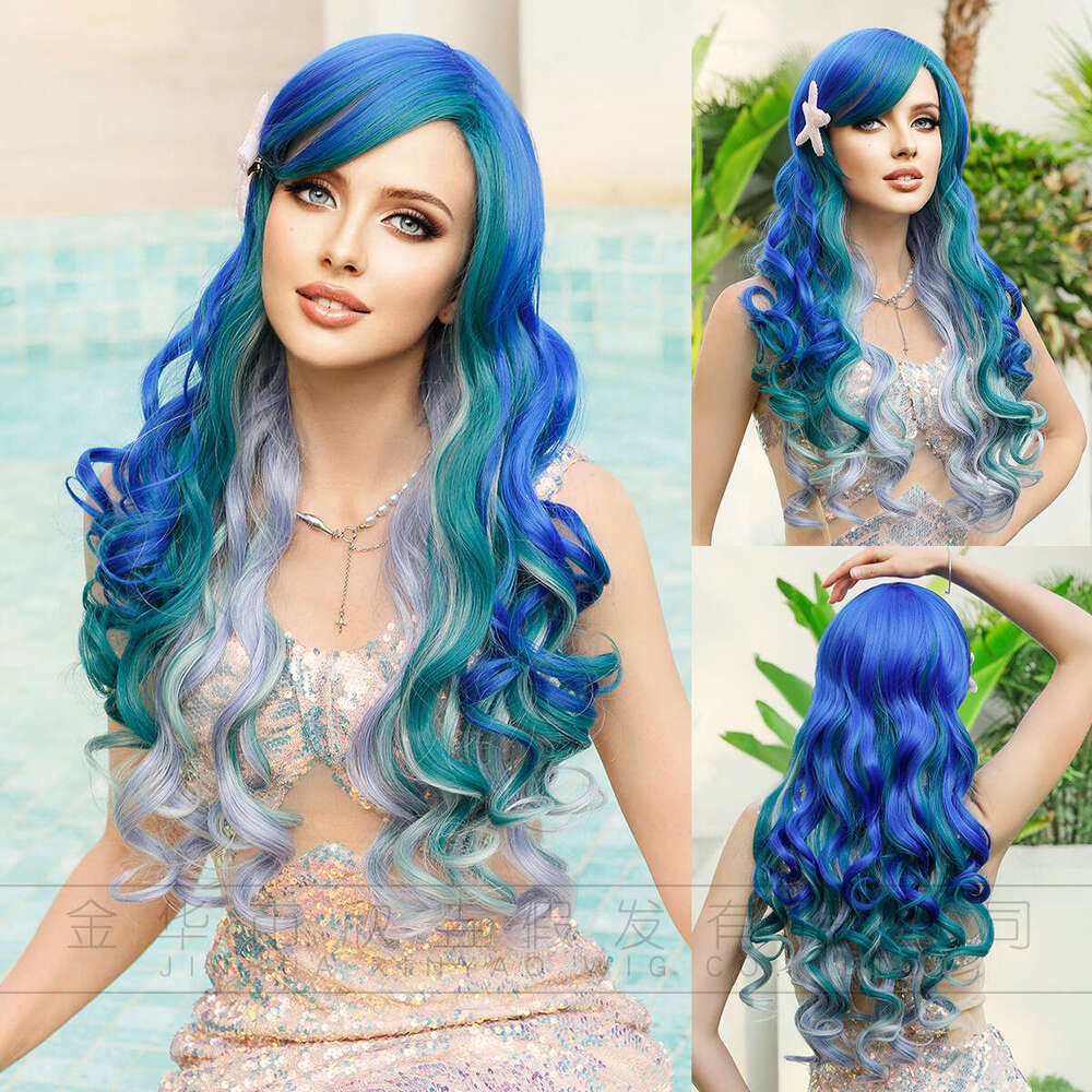 Blue Purple Gradient Mermaid Wig Adult Cos Head Cover Halloween Dressing Wigs