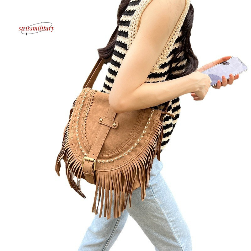 New suede camel colored tassel for women, American Bohemian crossbody saddle bag, ethnic style bag #32 swissmilitary