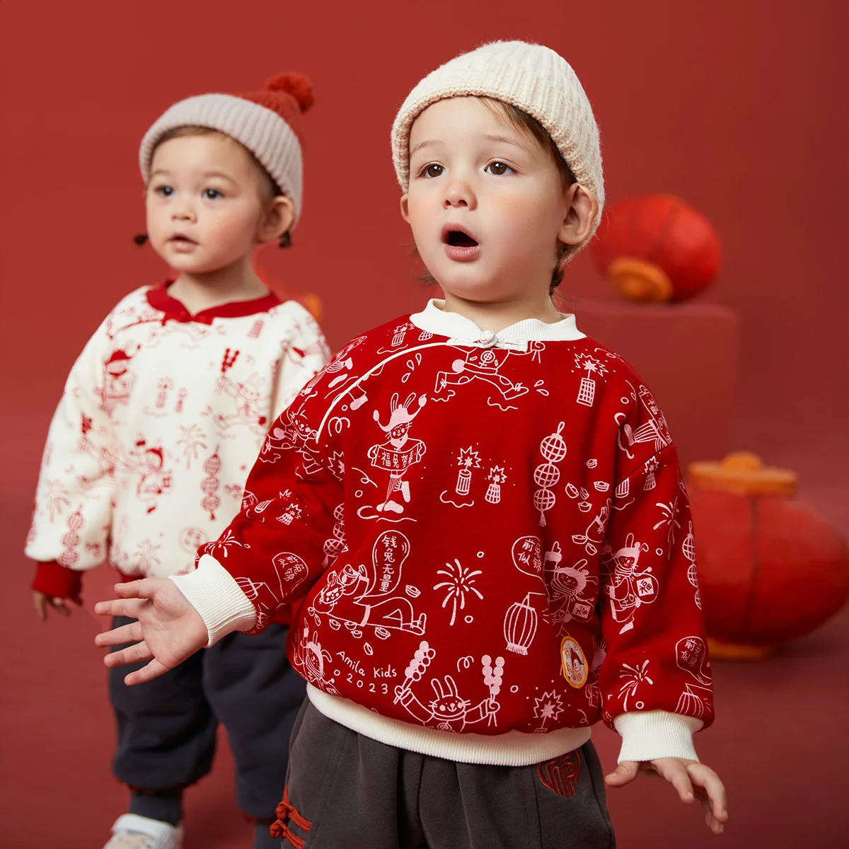Amila Baby Hoodies Autumn and Winter Boys Girls Original Chinese Style Warm Sweatshirts Fashion Hatless Outerwear 241017