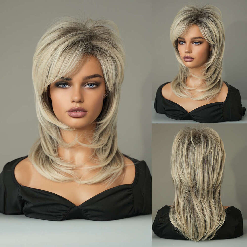 Black Women's Layered Wig, Beige Imitation 70S High Temperature Silk Synthetic Shoulder Length Wig