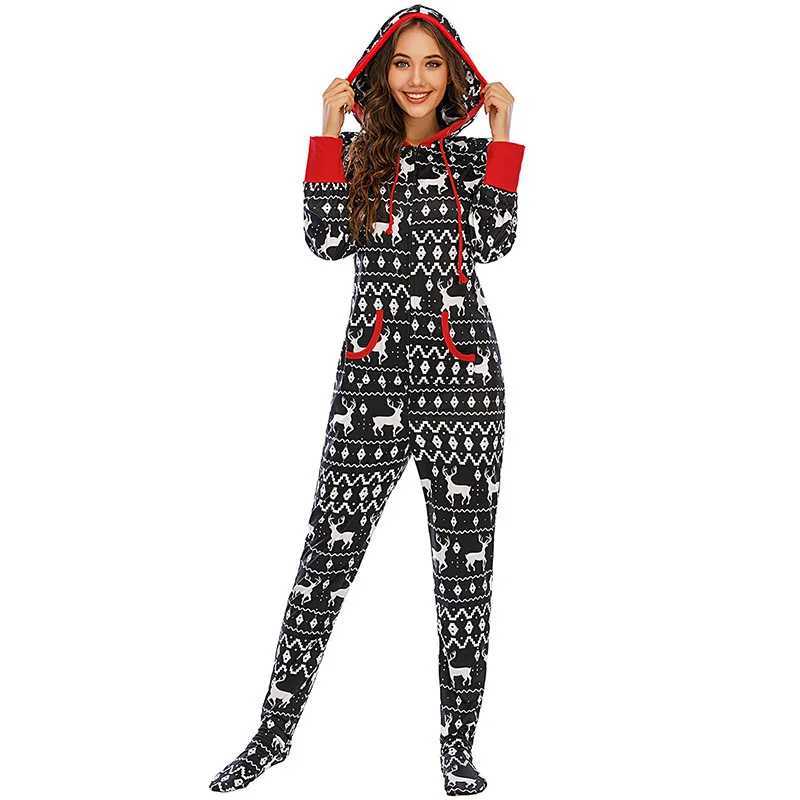 Christmas Appearance Family Matching Set Full Set Printed One Piece jumpsuit Pocket Zipper Hoodie jumpsuit Christmas costume set Sleepwear W241015