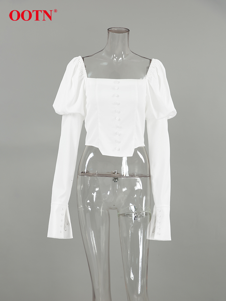 OO Elegant White Lantern Sleeve Blouse Street Single Breasted Irregular Shirts Sexy Crop Top Square Collar Tops Ladies 2024