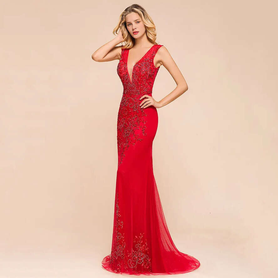 V Deep Red Sexy Neck Mermaid Sleeveless Lace Arabic Long Formal Party Bridesmaids Evening Prom Dresses Gown Bm1811