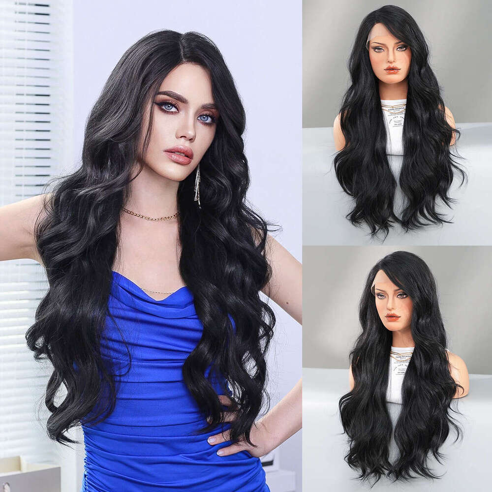 T Women's Wig Side With Brown Gradient Waves, Long Rolled Synthetic Lace Wig, Full Top