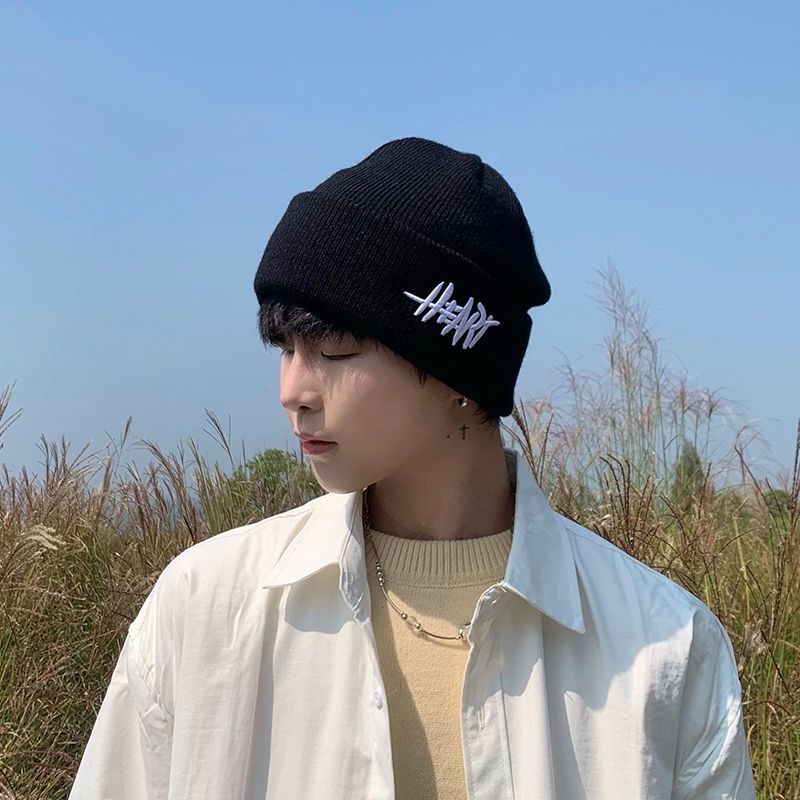 Stylish Korean Style Knitted Cap with HE Emblem - Ideal for Couples During Cold Season