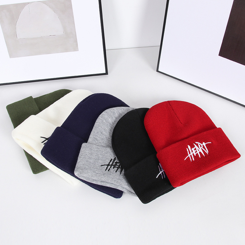 Stylish Korean Style Knitted Cap with HE Emblem - Ideal for Couples During Cold Season