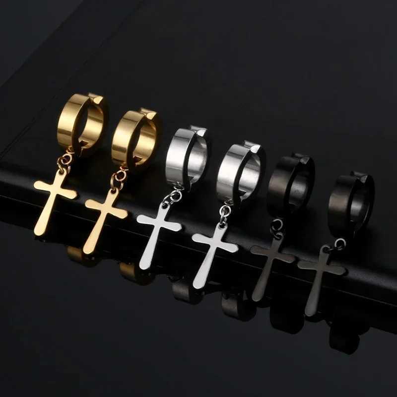 2 pieces/set of fashionable and simple stainless steel cross shaped mens earrings punk hip-hop womens earrings and mens jewelry without ear holes W241