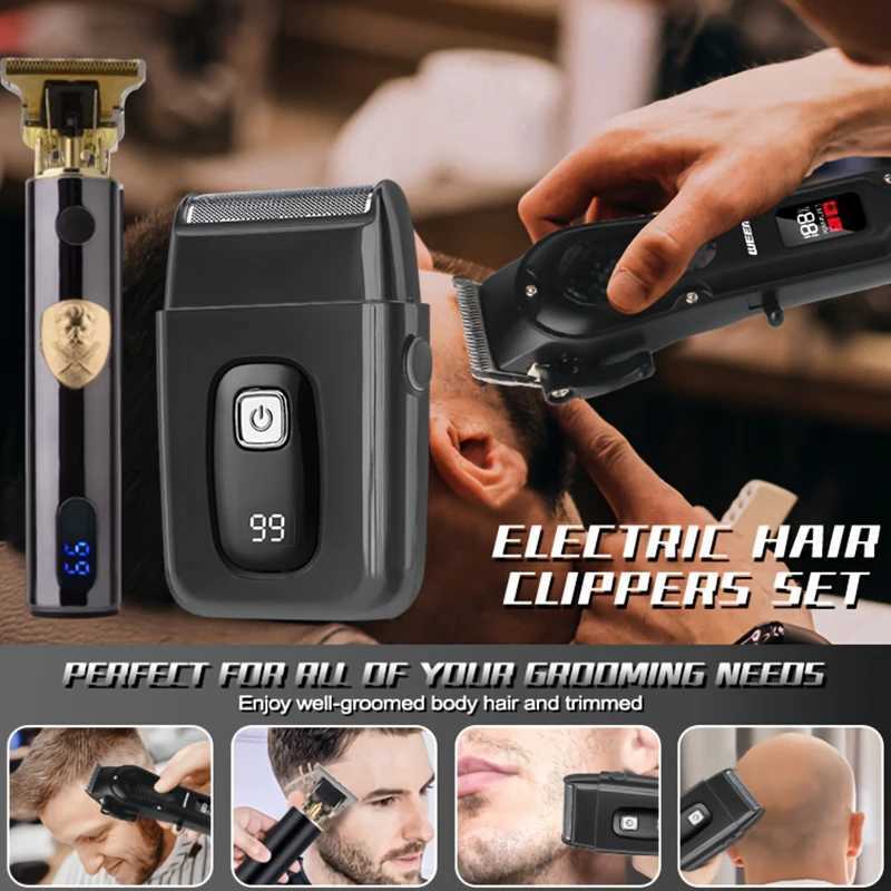 Exclusive Cool Black Mens 3-Piece Set Smart LCD Display Hair Clip+T-shaped Trimmer+Shaver USB Fast Charging W241017