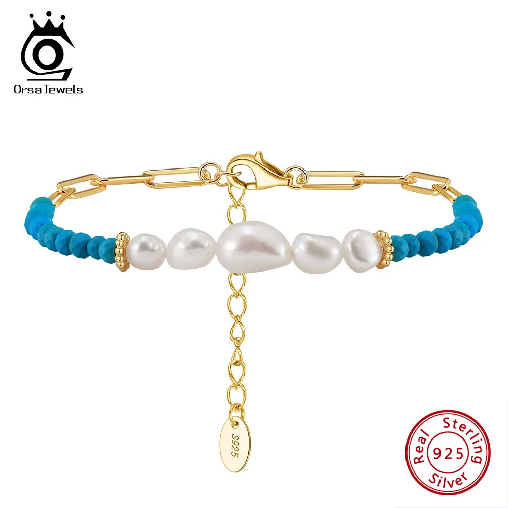 ORSA JEWELS 14K gold 925 sterling silver turquoise chain bracelet with exquisite vintage natural pearls suitable for womens jewelry MPB03 241017