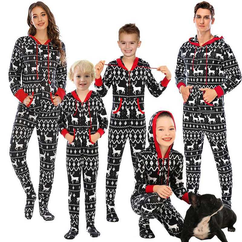 Christmas Appearance Family Matching Set Full Set Printed One Piece jumpsuit Pocket Zipper Hoodie jumpsuit Christmas costume set Sleepwear W241015