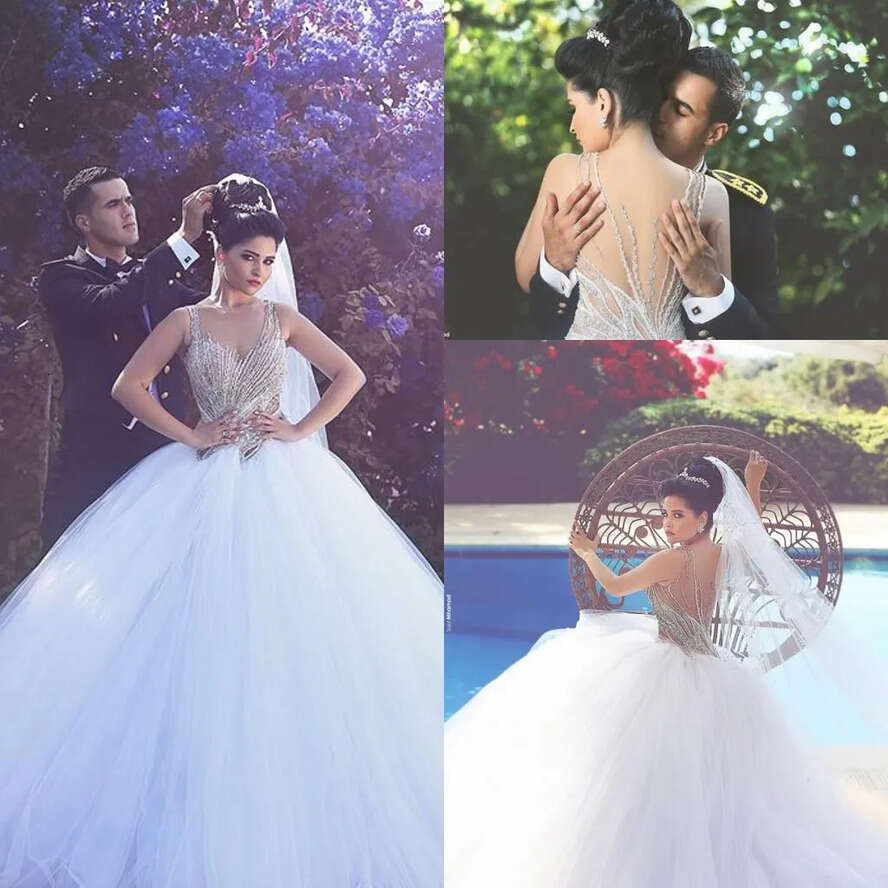 Crystals Gorgeous Mor Beading Ball Gown 2020 Wedding Dresses Crew Sheer Neck Sexy Back Puff Tulles Bridal Gowns Arabic s