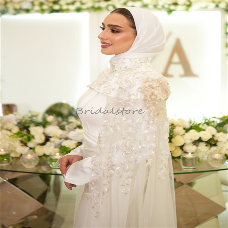 Graceful Mermaid Muslim Wedding Dresses 2025 Luxury Lace Caped Islamic Long Sleeve Bridal Dress Elegant Country Bride Dress Chic Civil Vestio De Novia