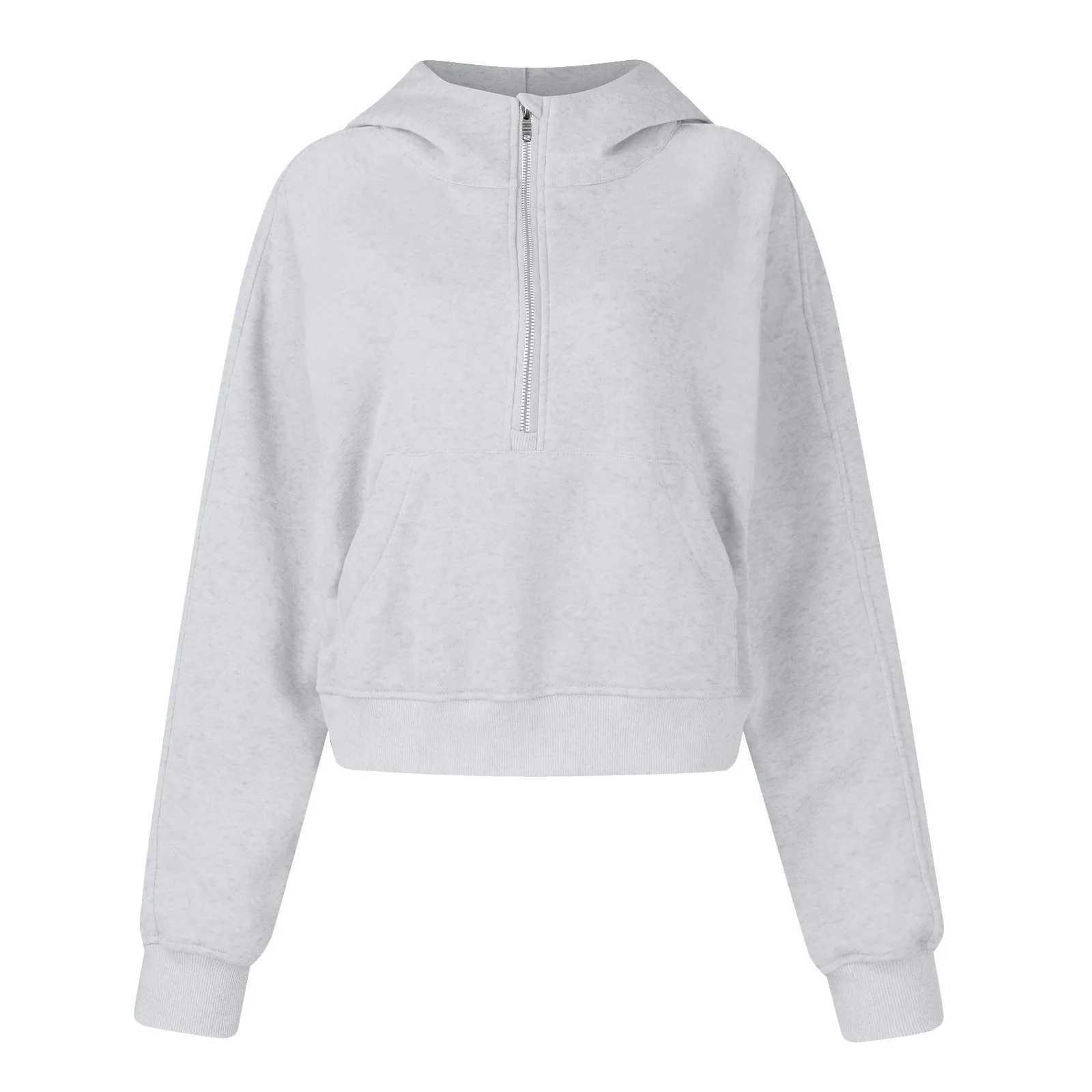 Autumn and Winter Womens Hoodies Solid Color Loose Short Half Zip Pockets Thumb Hole Long Sleeve Pullover SweatshirtsX241016
