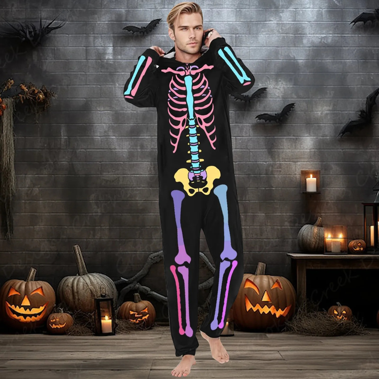 Halloween Family Clothing ParentChild Matching Pajamas 3D Skeleton Print Cosplay Jumpsuit Zipper Hooded Party Look Costumes 241017