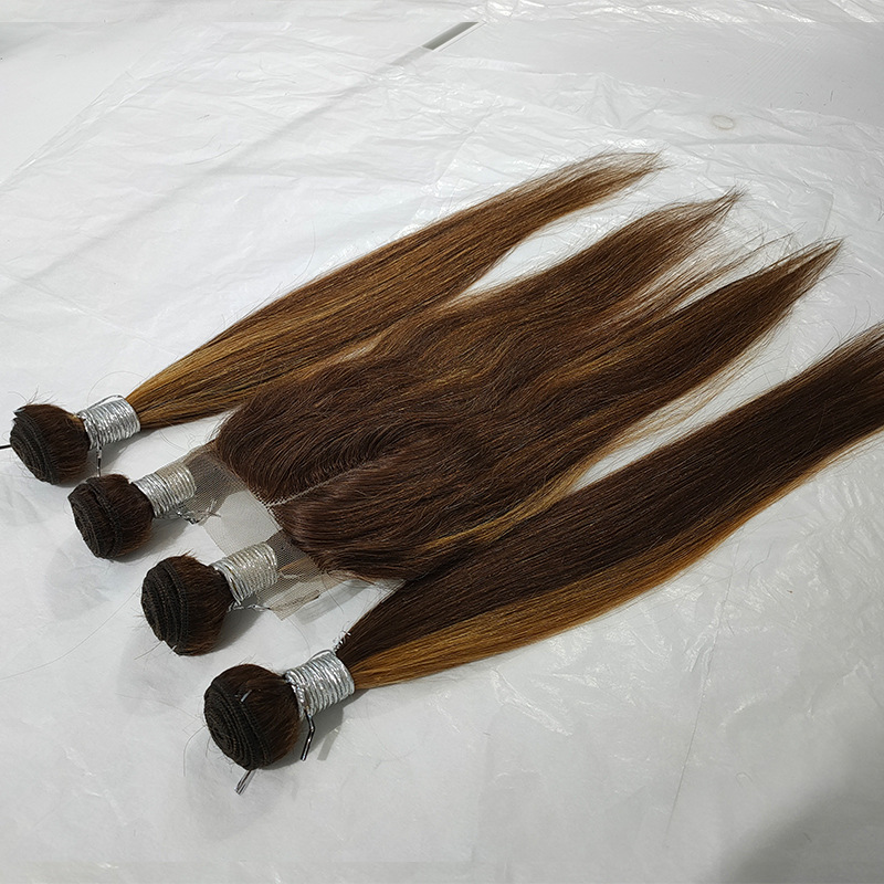 Brazilian Peruvian Human Hair Extensions P4/27 Straight 4 Bundles With 4*4 T Part Lace Closure 5 PCS Piano Color