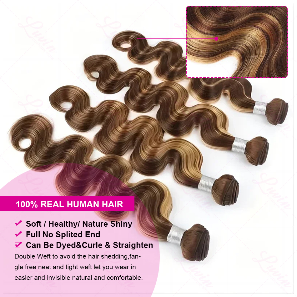 30Inch Body 100% Human 4/27 Highlight Bundles Unprocessed Water Wave Ombre Brown Hair Extensions Quick Weave