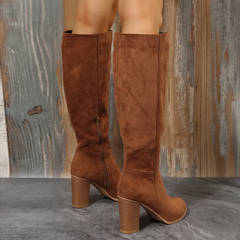 Boots Women boot Cowboy Heels Western Chunky Shoes Leather Knee High Long Elegant Designer Plus Size New Rock Pole Dance Brown 241118