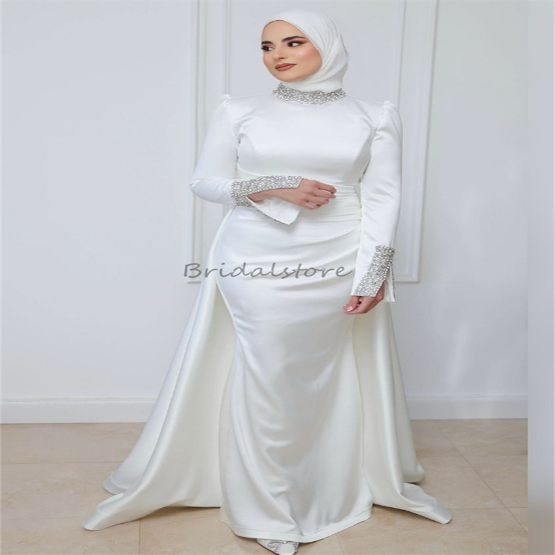 Simple Mermaid Muslim Wedding Dresses With Beaded Long Sleeve Overskirt Satin Islamic Boho Bridal Dress Charming Country Bride vestidos de novia Robe 