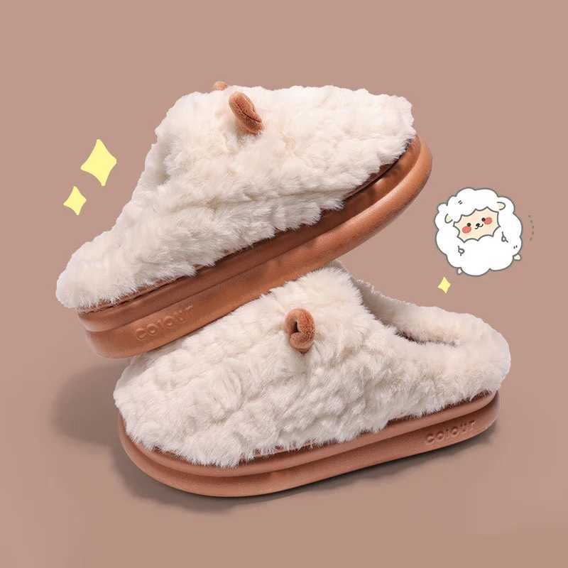 Warm winter womens slippers sandals home cotton shoes Eva artificial plush fur 4cm thick platform cute sheepskin mens slippersCL241017