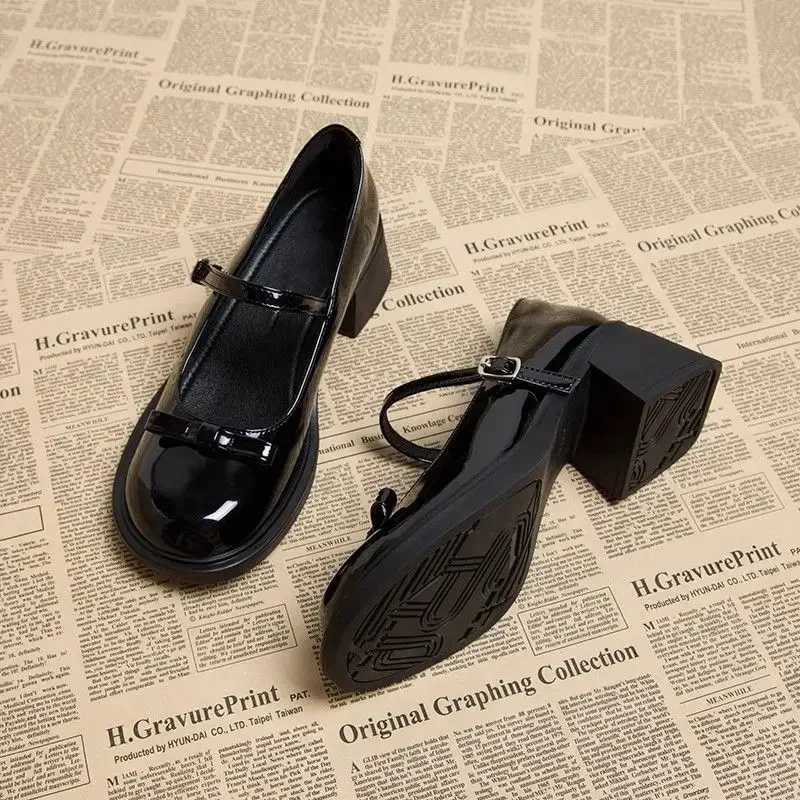 Bow High Heels Mary Janes Square High Heels Round Toes 2024 Hot Selling Shoes Womens Buckle with Spring/Automatic Solid Pump Y241017