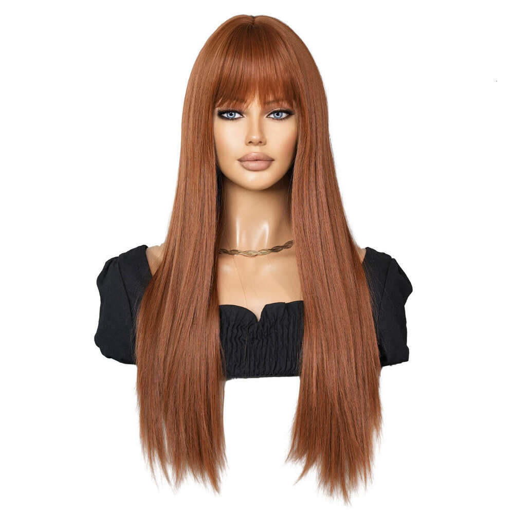 Ladies' Fashionable Wig With Caramel Brown Bangs, Long Straight Hair Wig, Full Head Cover, Ginger Wigs