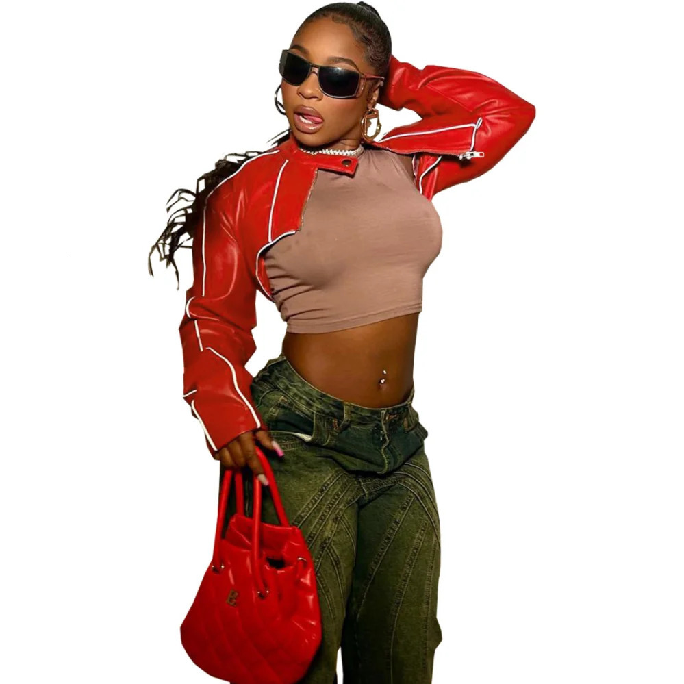 Red jacket womens Pu leather long sleeved crop top with zipper Pu leather jacket womens patented leather cutting jacket short jacket 241017