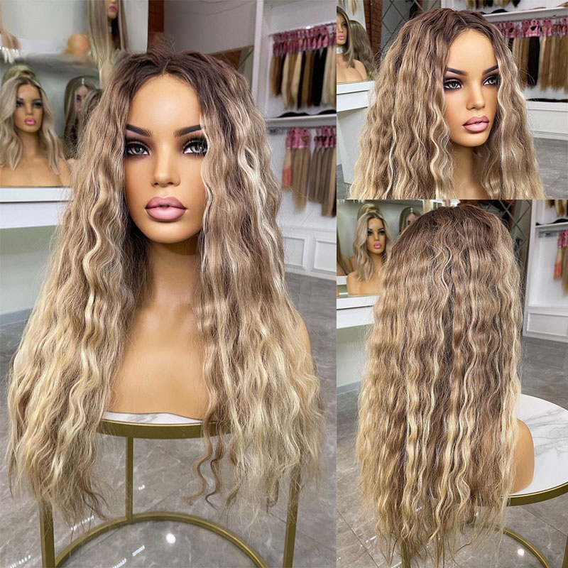 Free shipping Peruvian Honey Blonde Water Wave Front Silation Human Hair 13x4 Transparent Frontal Wig Deep Curly Ombre Lace Wigs