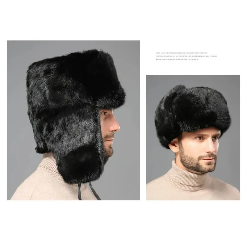 Winter Russian Man Woman Wholeskin Faux Rex Rabbit Fur Hats Faux Sheep Skin Leather Cap Fur Bomber Hat Ushanka Hats 241009