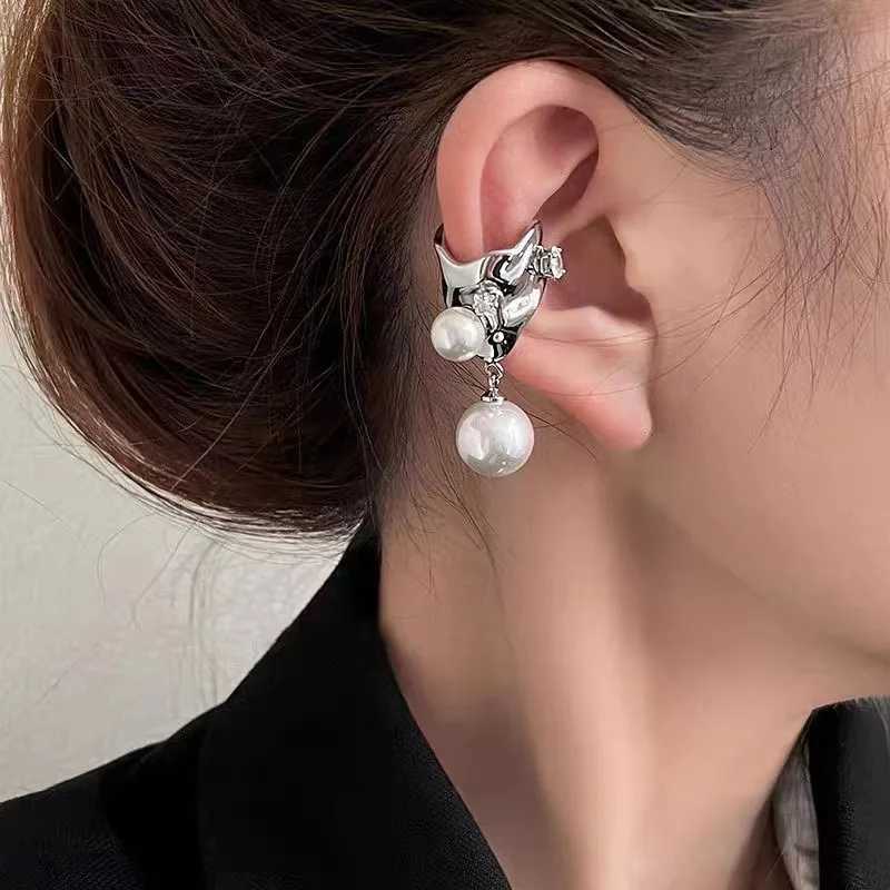 HUANZHI new silver irregular metal imitation pearl pendant earrings clip unisex womens personalized trend jewelry W241017
