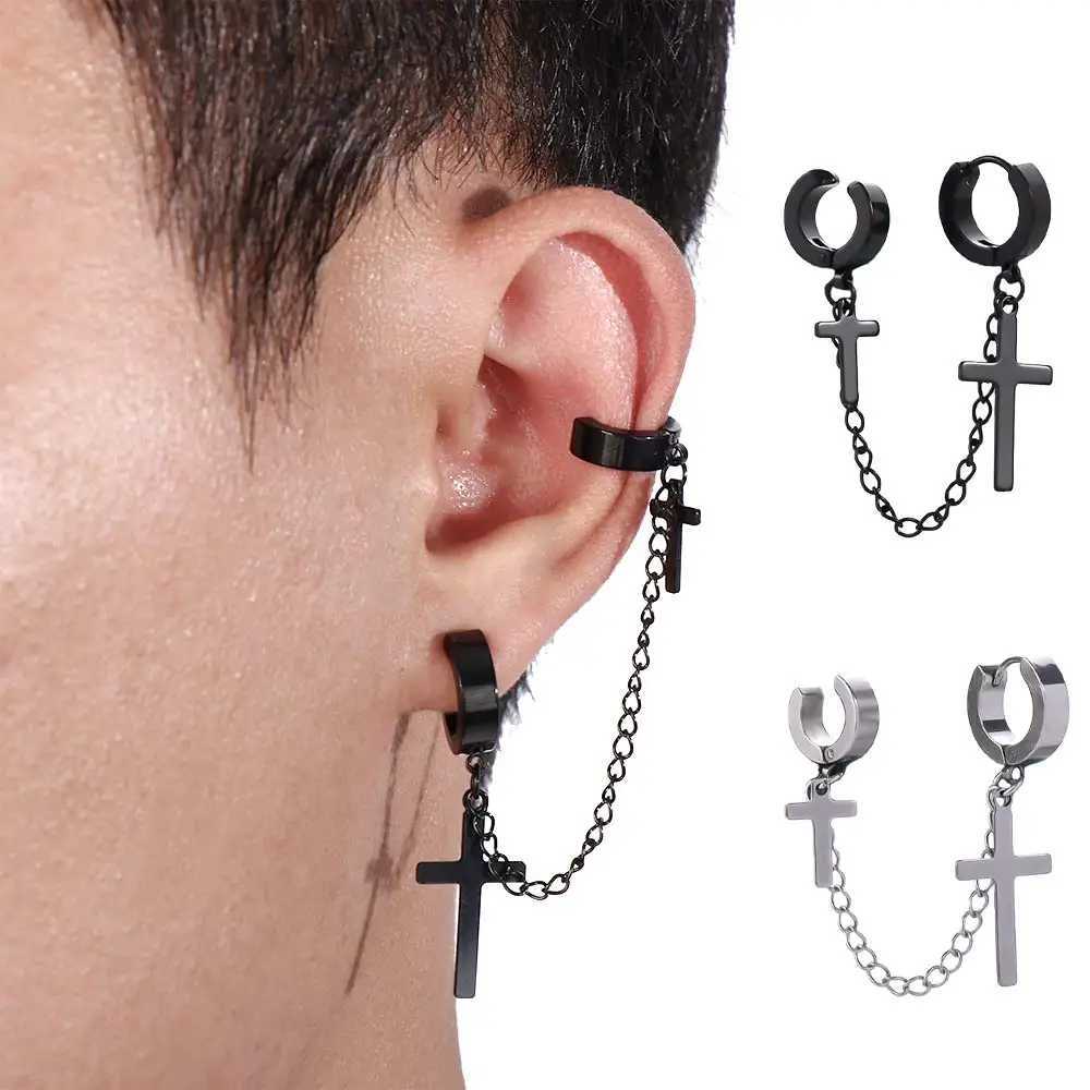 1 piece of fashionable punk cross clip earrings suitable for teenagers women men earrings cuffs jewelry vintage metal chains tassel earrings W241017
