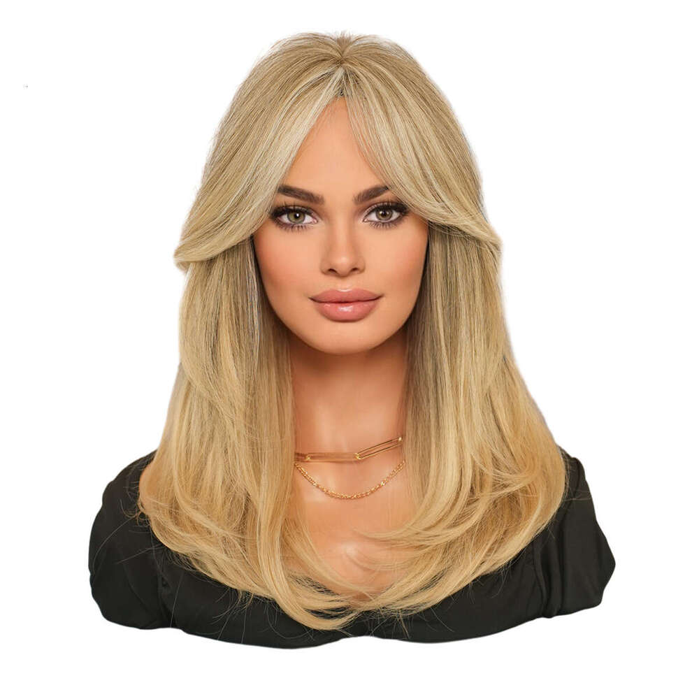 Women's Synthetic Full Head Cover Shoulder Length Layered Wig En Light Gold Eight Character Bangs Medium Long Curly Hair